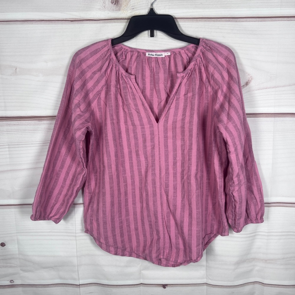 Roller Rabbit Top Womens M Pink Striped V-Neck Cotton Gauze Blouse Long Sleeve